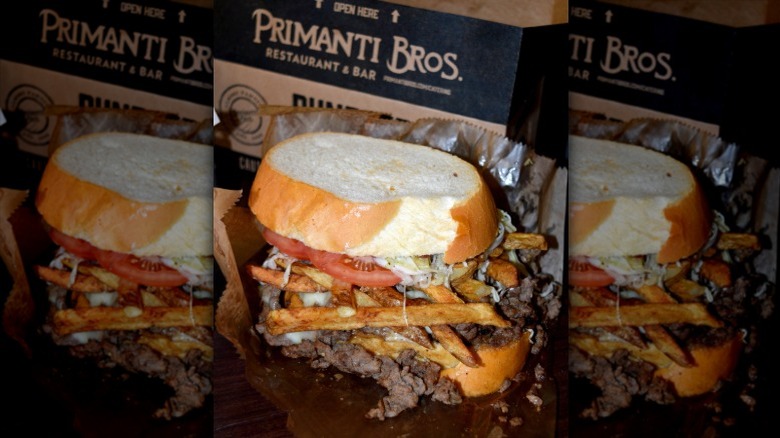 Pittsburgh sandwich from Primanti Bros. with roast beef, fries, tomatoes, and coleslaw