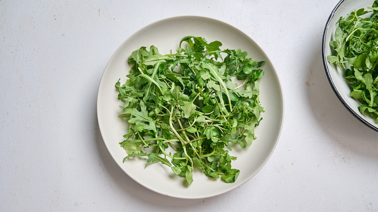arugula and watercress divided among bowls