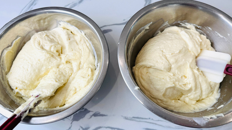 Cake batter in two bowls
