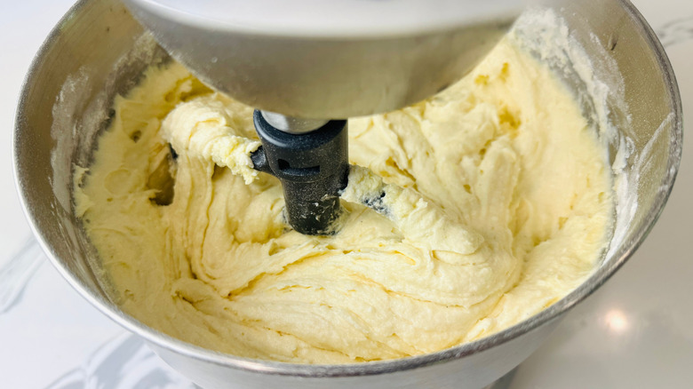Cake batter in stand mixer bowl