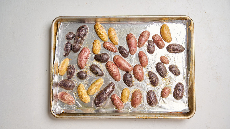 roasted potatoes on a sheet tray