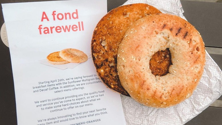 Sunflower multigrain bagels next to a farewell letter from Chick-fil-A