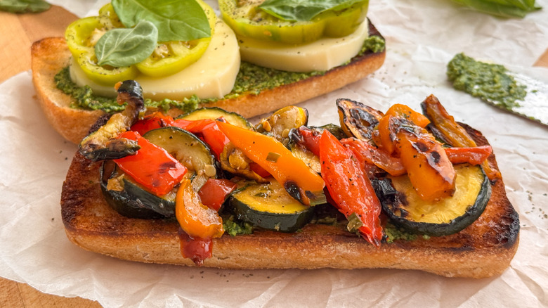 open face view of grilled veggie sandwich