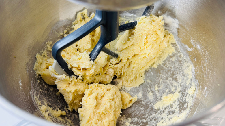 Cookie dough in stand mixer bowl