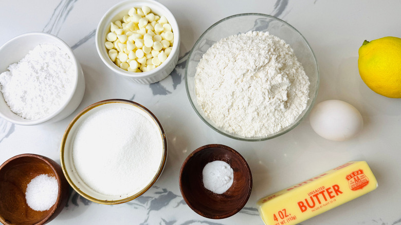 Ingredients for lemon white chocolate chip cookies