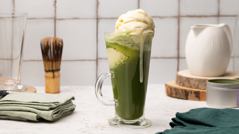 Matcha float with vanilla ice cream