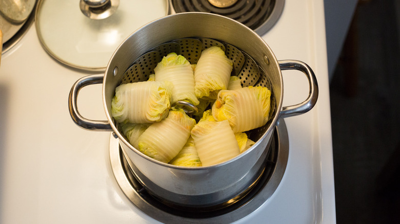 cabbage rolls on stovetop steamer