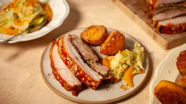 Slow Roast Pork Belly with crispy potatoes