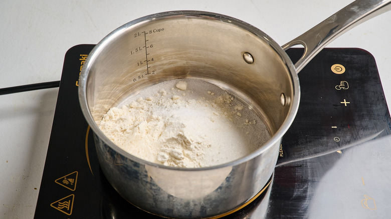 frosting ingredients combined in a saucepan
