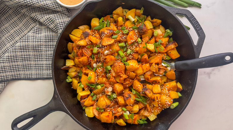 kimchi potatoes in skillet