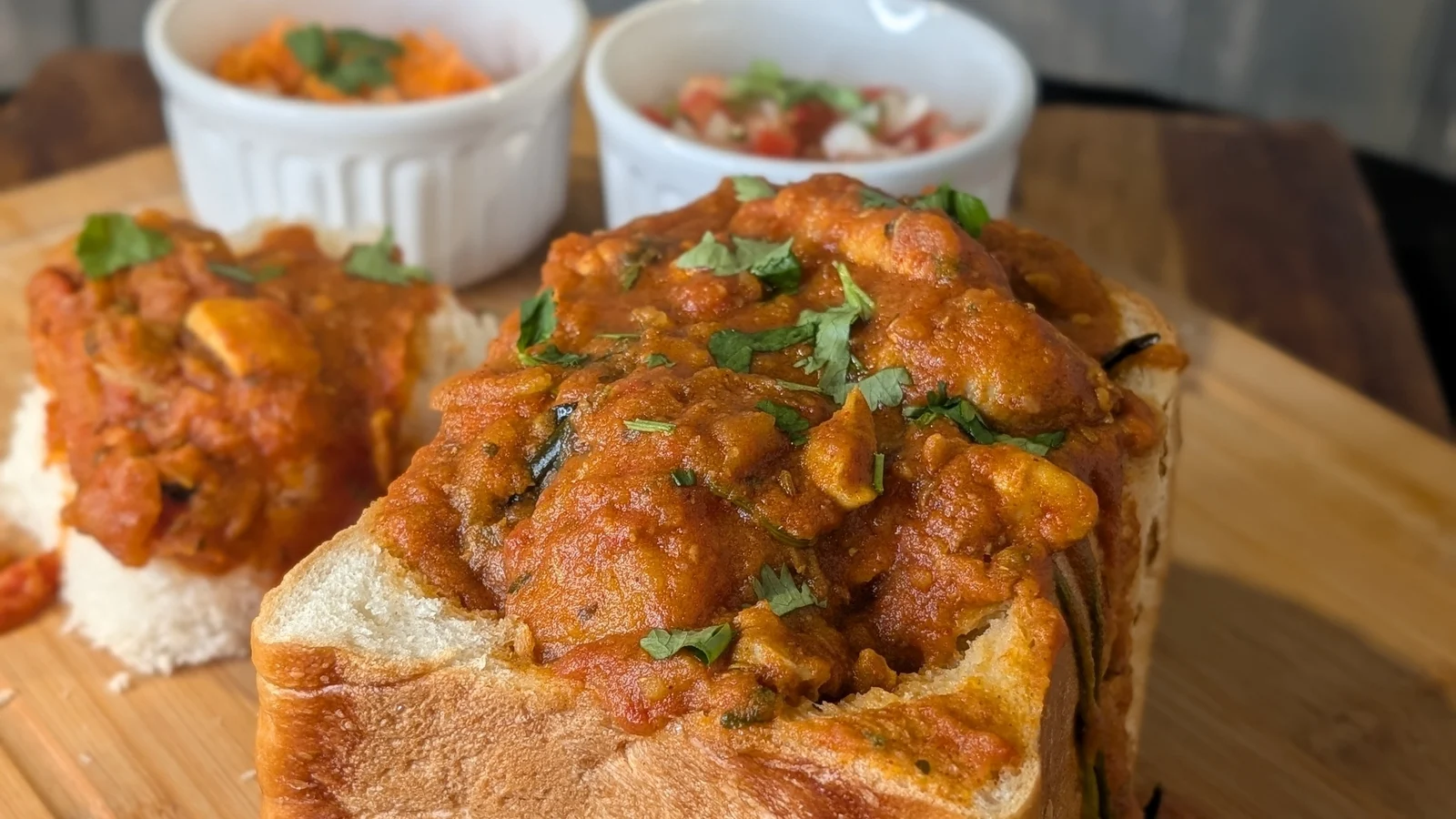 Danes Geralda Danielsovega piščančjega kari bunny chow