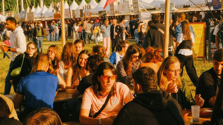 Festival goers at We Love Green sitting down and enjoying food next to concession stands