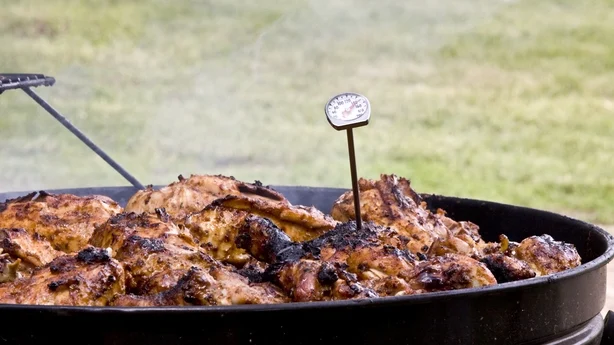 meat thermometer being used on BBQ chicken