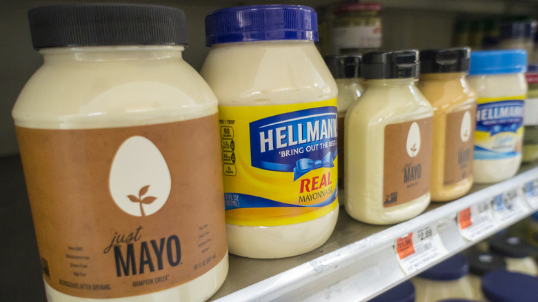 Various mayo products on a store shelf