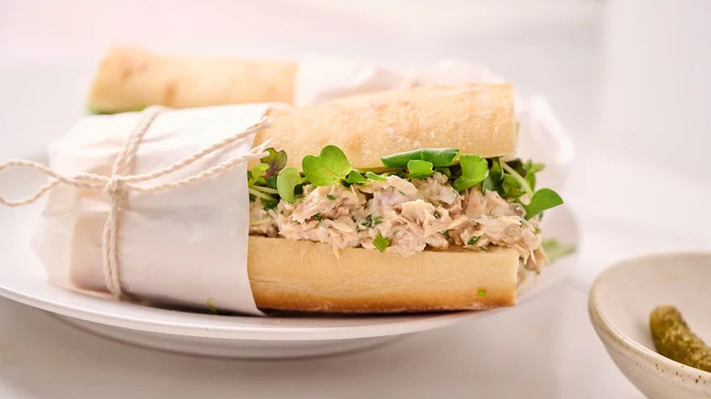 French-Inspired Tuna Salad Sandwich on white plate
