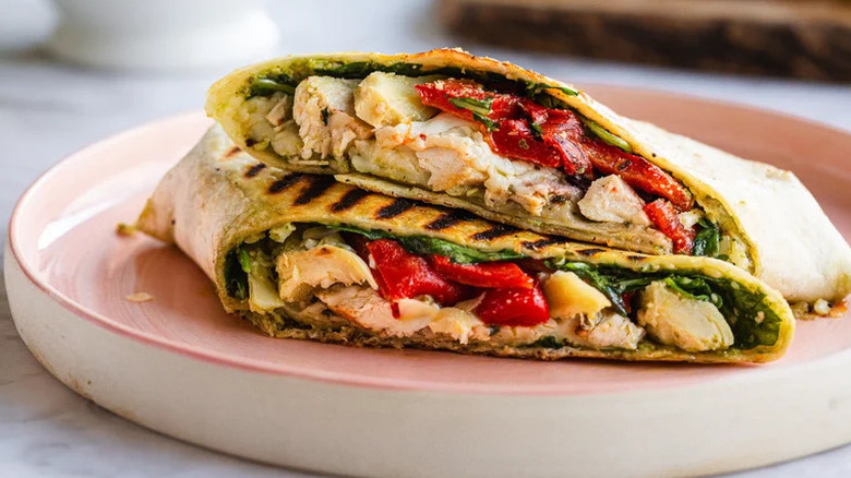Antipasti Italian Chicken Wrap on pink plate