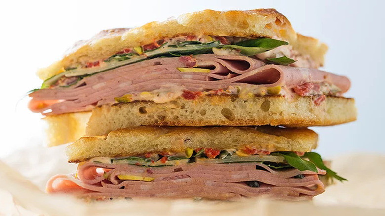 Mortadella Focaccia Sandwich stacked on surface