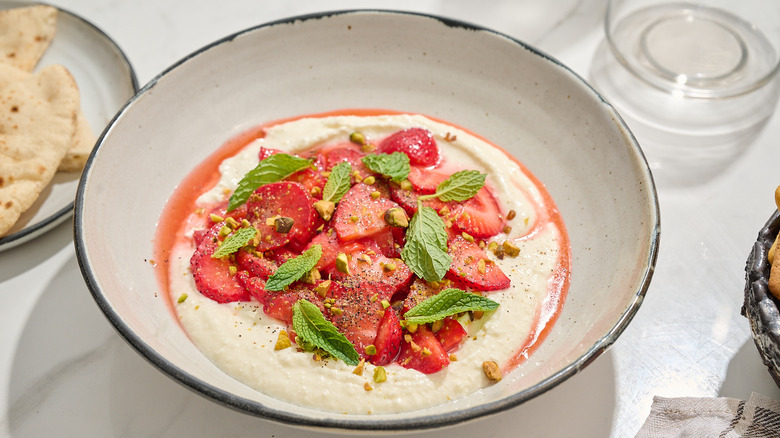 Bowl of whipped feta and strawberries