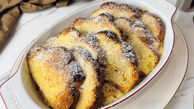 French toast bread pudding dusted with sugar
