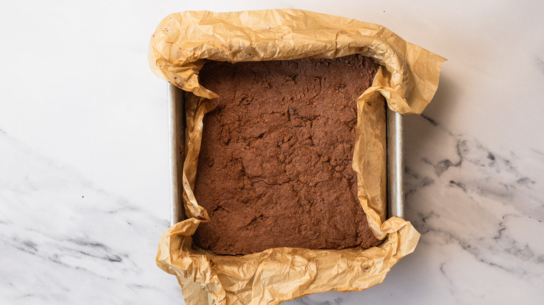 Baked chocoalte shortbread crust in square pan