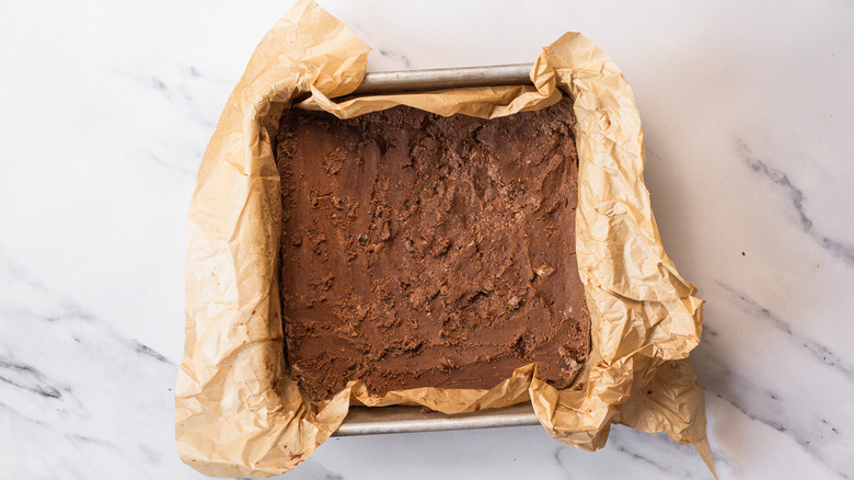 Raw chocolate shortbread crust in square pan