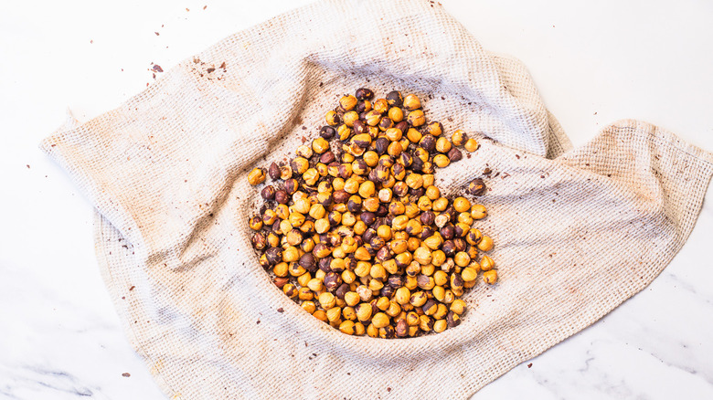Roasted hazelnuts on towel