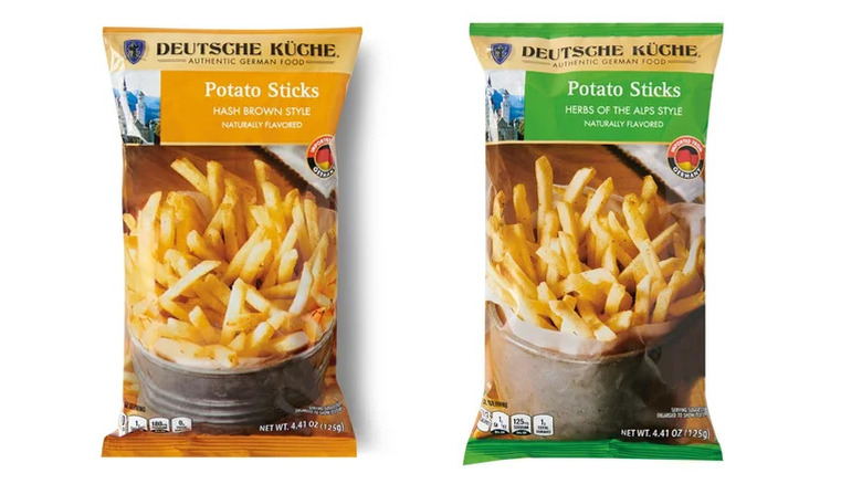 Bags of potato sticks from Aldi — hash brown on the left, Herbs of the Alps on the right.