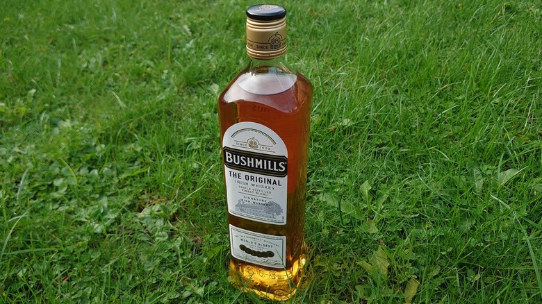 A bottle of Bushmills Original placed down on grass