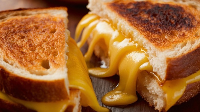 A grilled cheese sandwich with cheese oozing out of it