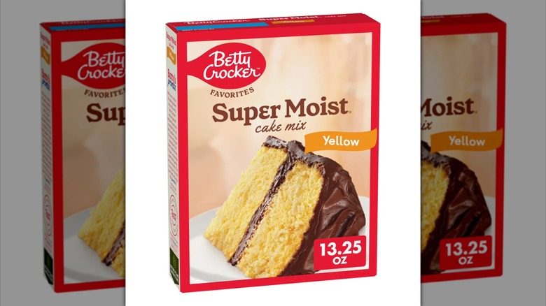 Box of Betty Crocker Favorites Super Moist Yellow Cake Mix on white background