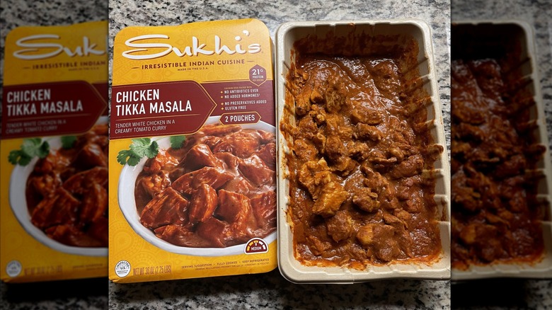 Sukhi's Indian Chicken Tikka Masala prepared beside box