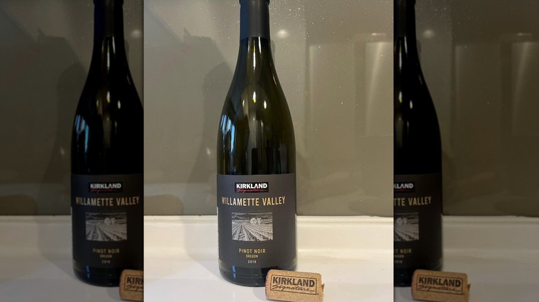 Bottle of Kirkland Signature Willamette Valley Pinot Noir on white countertop