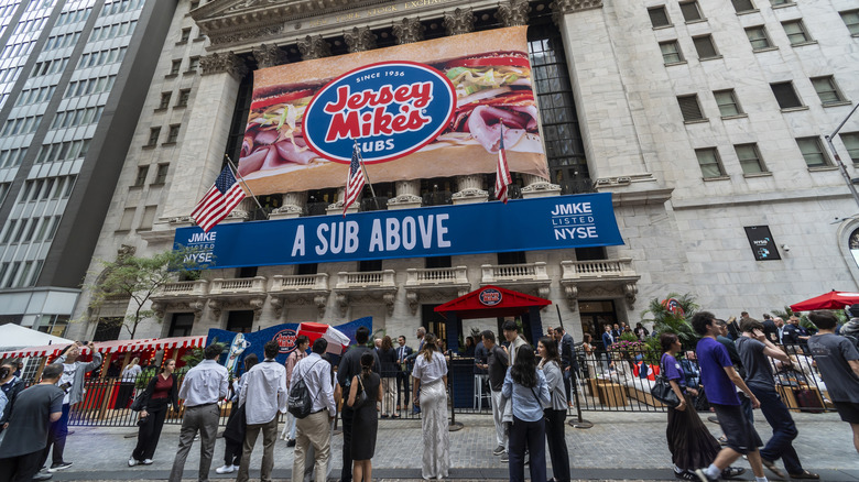 Jersey Mike's sign with crowds of people in front