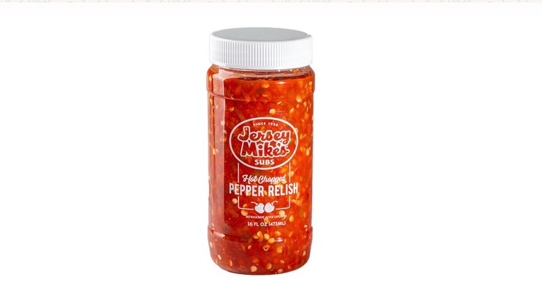 Bottle of Jersey Mike's Hot Chopped Pepper Relish on white background