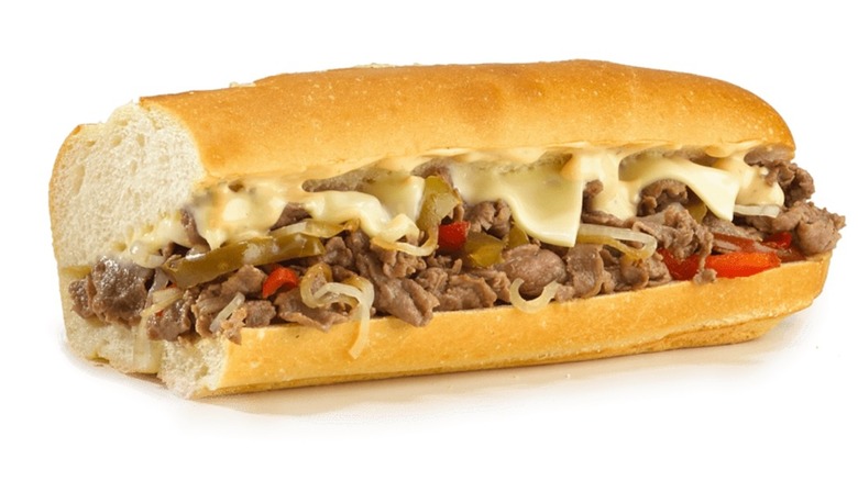 Chipotle cheese steak sub from Jersey Mike's on white background
