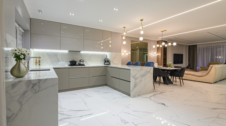 A completely gray, marble kitchen