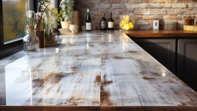 A glossy wood-grain countertop