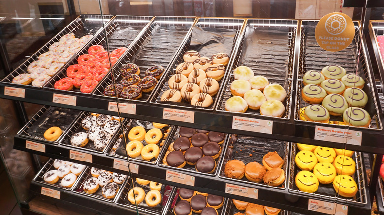Donuts in display case at Dunkin'