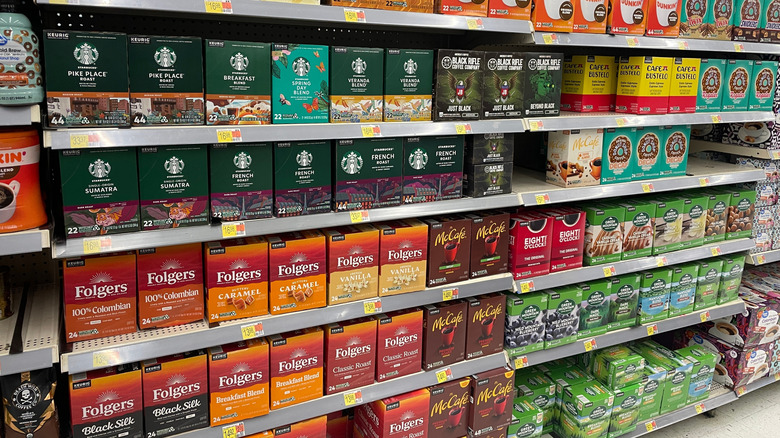 Display of K-Cups on supermarket shelves