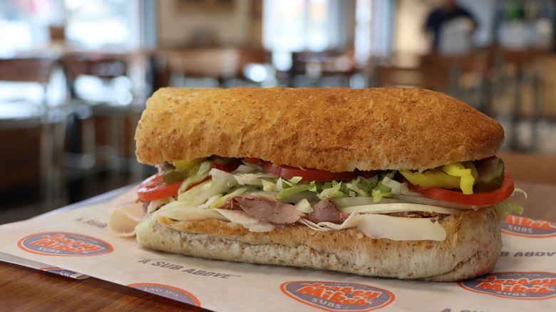Jersey Mike's sandwich with condiments inside