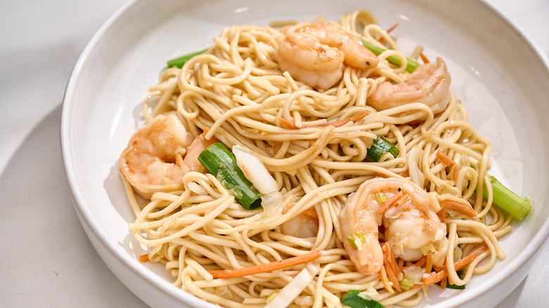 shrimp lo mein in a bowl