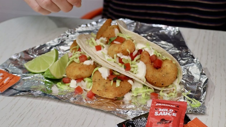 Del Taco Jumbo Shrimp Tacos on foil