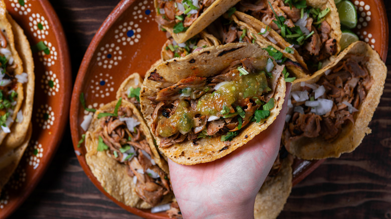 Hand holding taco with tomatillo salsa verde