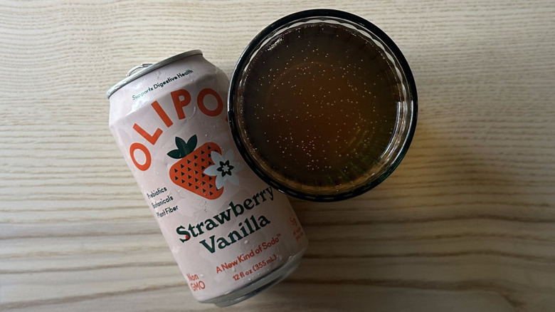 Olipop Strawberry Vanilla in blue glass