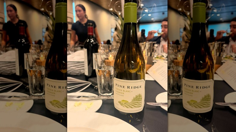 Bottle of Pine Ridge Chenin Blanc + Viognier on table