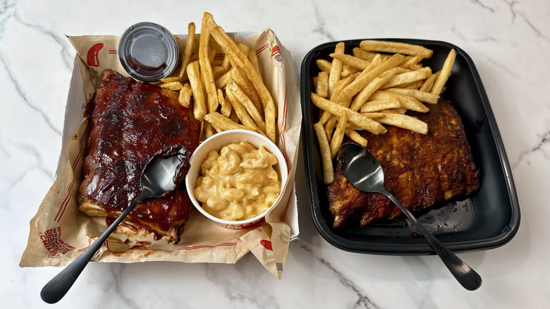 Chili's and Applebee's baby back ribs with fries in takeout containers with spoons